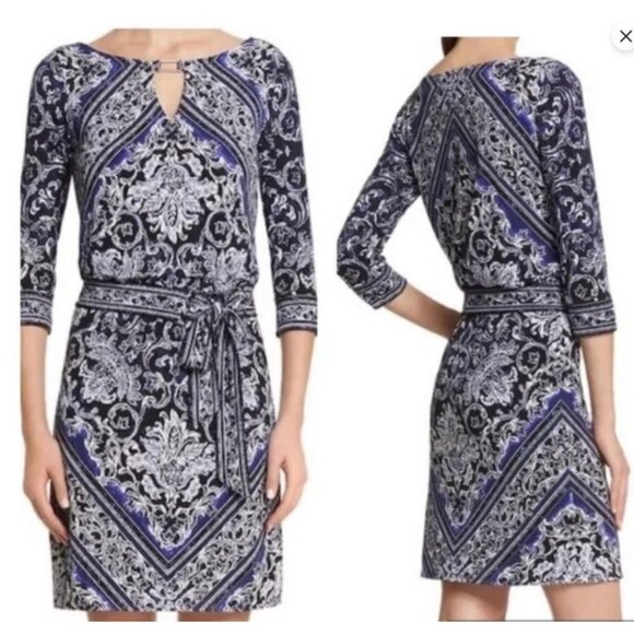 White House Black Market Blue/Black Floral Keyhole Neck Belted Dress Size XXS - Picture 2 of 11